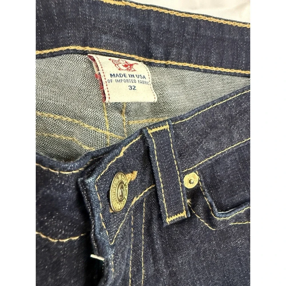 Women's True Religion High-Rise Bootcut Dark Wash Flap Pocket Thick Stitch Sz 32